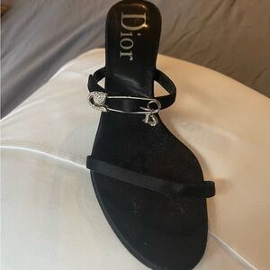 Dior by John Galliano: Women's Black Heel Sandals with Rhinestone Safety Pin